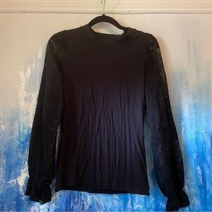 Tahari Gothic Black Long Sleeve Top with Sheer Lace Sleeves